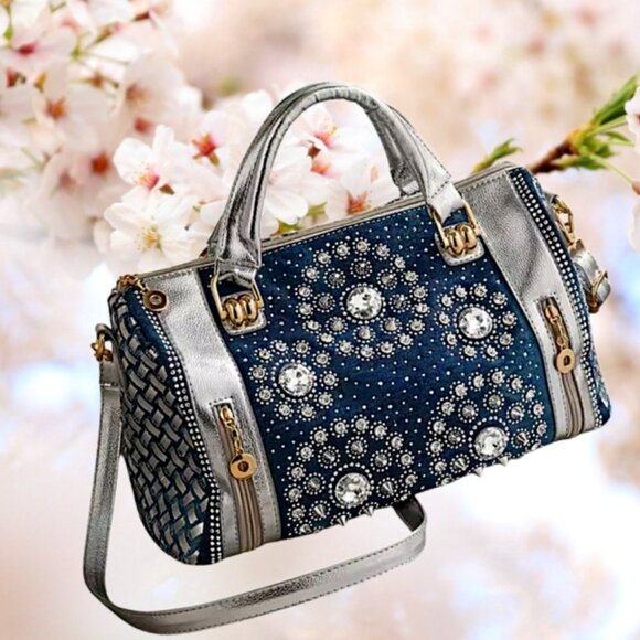 Modoker Silver And Denim Rhinestone Studs Vegan Leather Cross Body Satch… - Picture 1 of 8